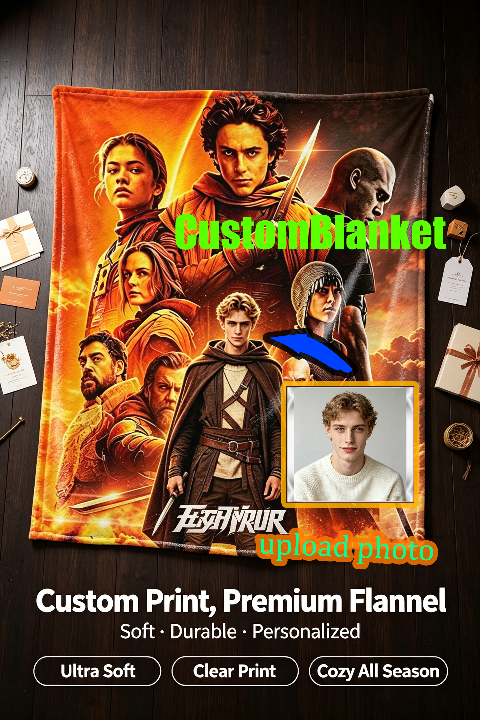 Custom Face Blanket Dune Movie Characters Flannel Blanket Cozy Home Decor Gift for Fans and Collectors