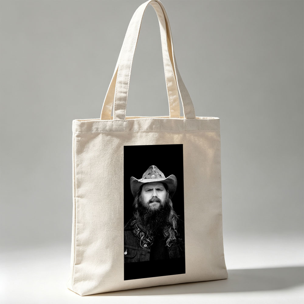 Chris Stapleton in a Cowboy Hat and Denim Jacket - Black and White Portrait - Canvas tote bags
