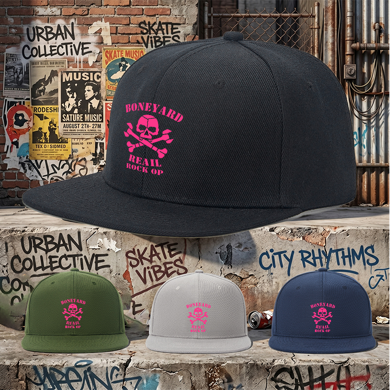 Flat Brim Baseball Cap Boneyard Skull Crossbones Print Streetwear Underground Skate Style for Basketball Court Skate Park Urban Lifestyle Skaters Rappers Streetwear Enthusiasts