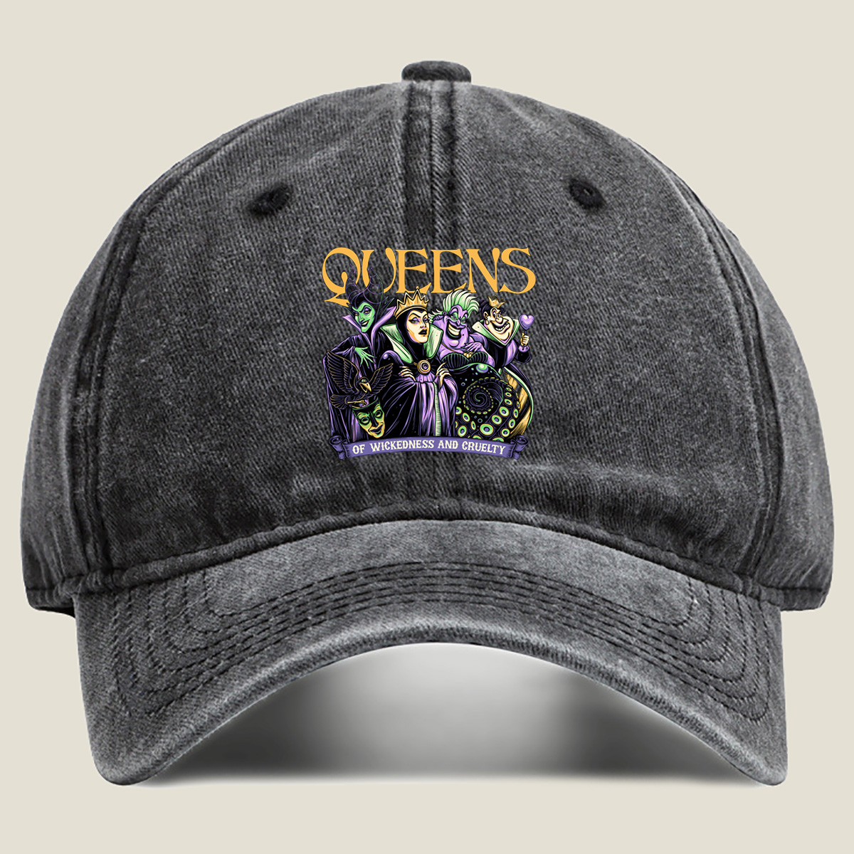 Queens of Wickedness and Cruelty: Maleficent, Evil Queen, Ursula, and Queen of Hearts - Washed Denim - Baseball Cap