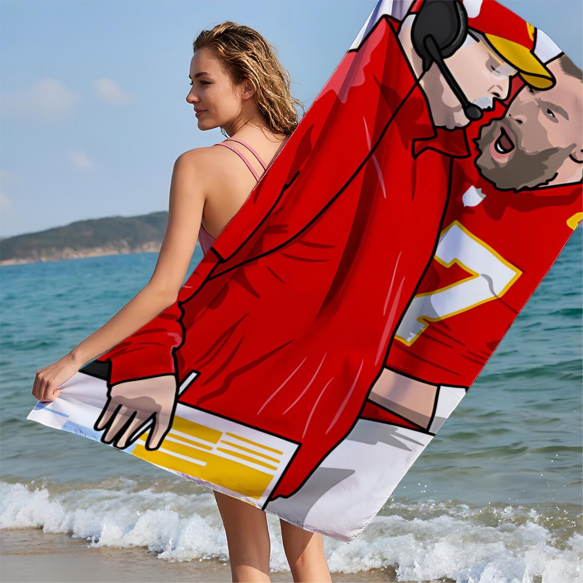 Andy Reid and Patrick Mahomes in Kansas City Chiefs Uniforms - Beach towels