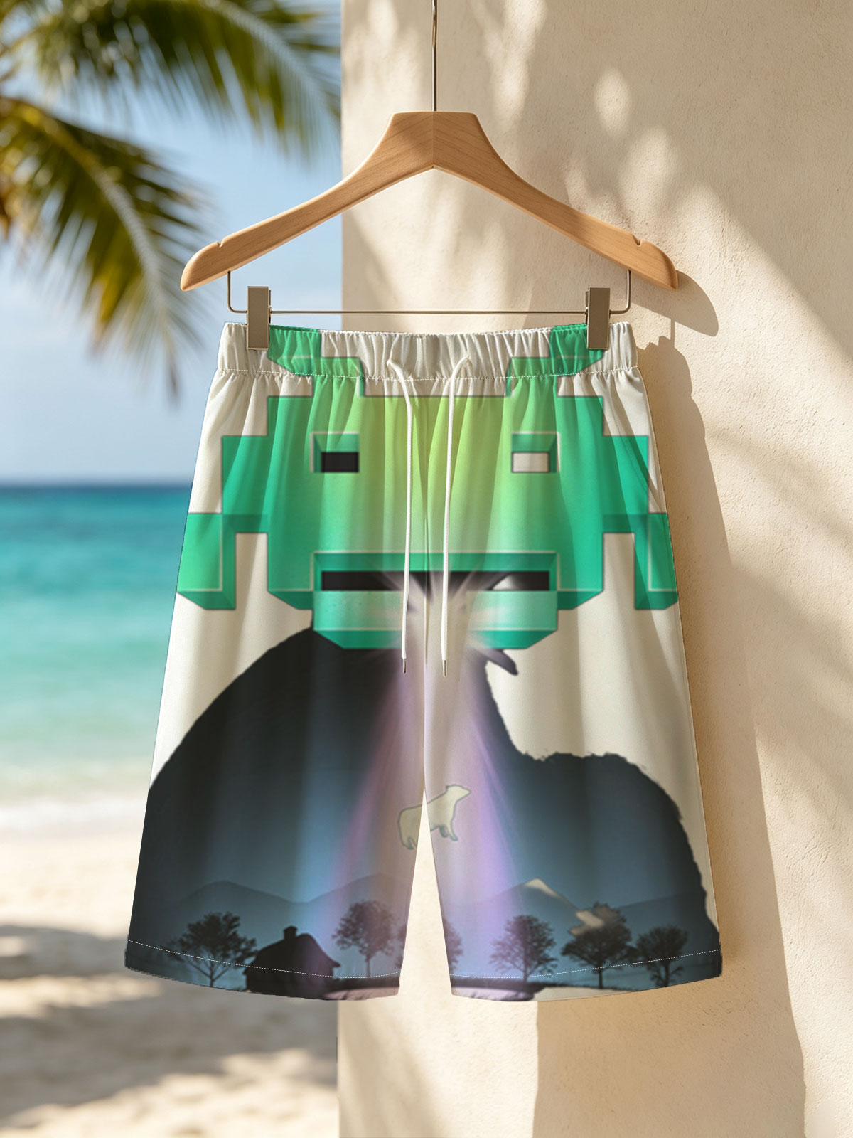 Alien Invader and Dog in Beam of Light -  Beach shorts