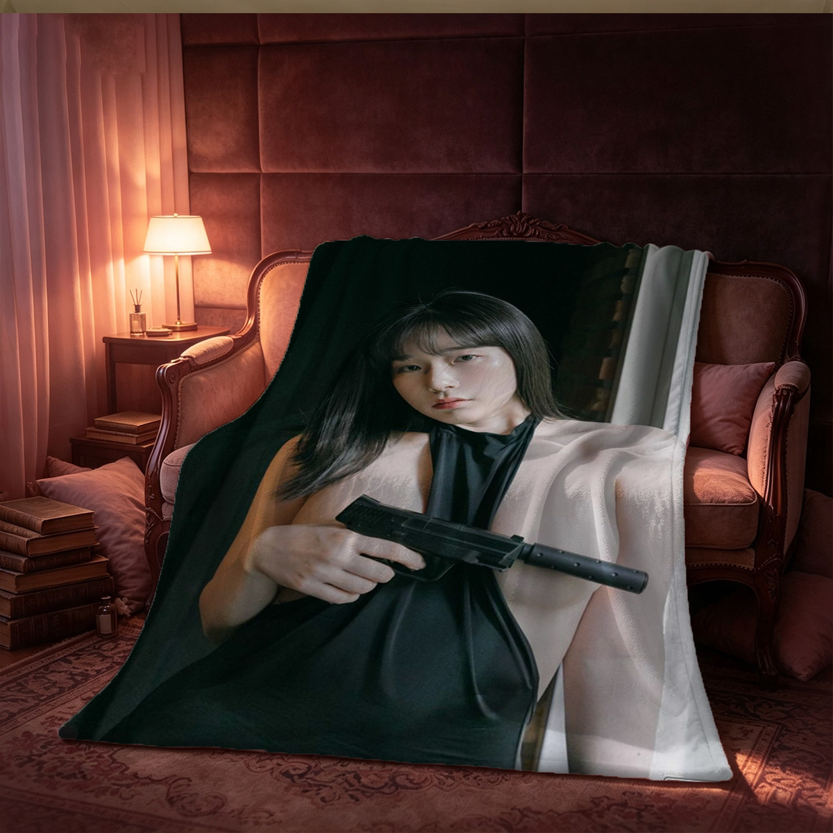 Asian woman in pink camisole and shorts sitting on bed - Blanket