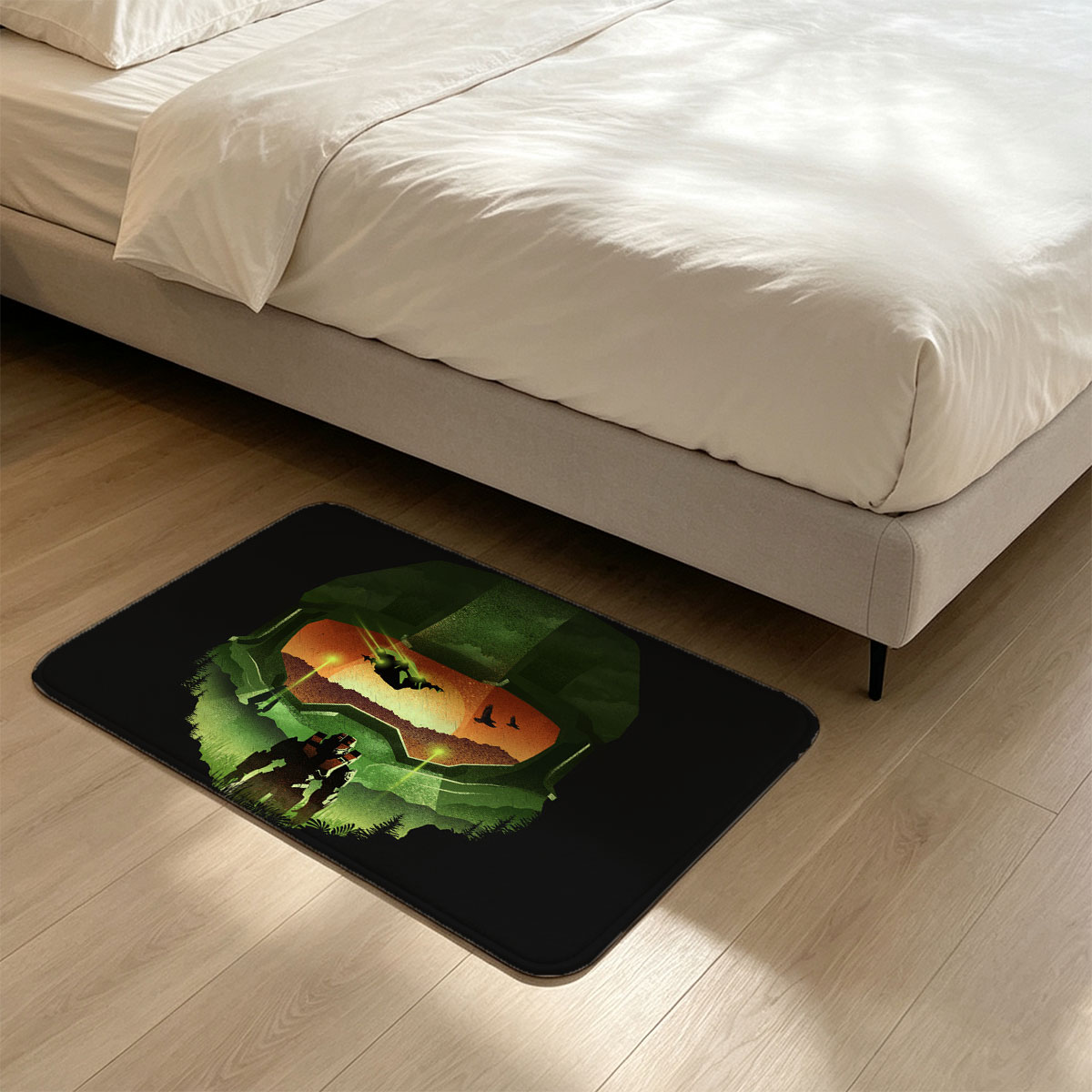 Master Chief Helmet View: Halo Soldier in Forest at Sunset - Flannel floor mat