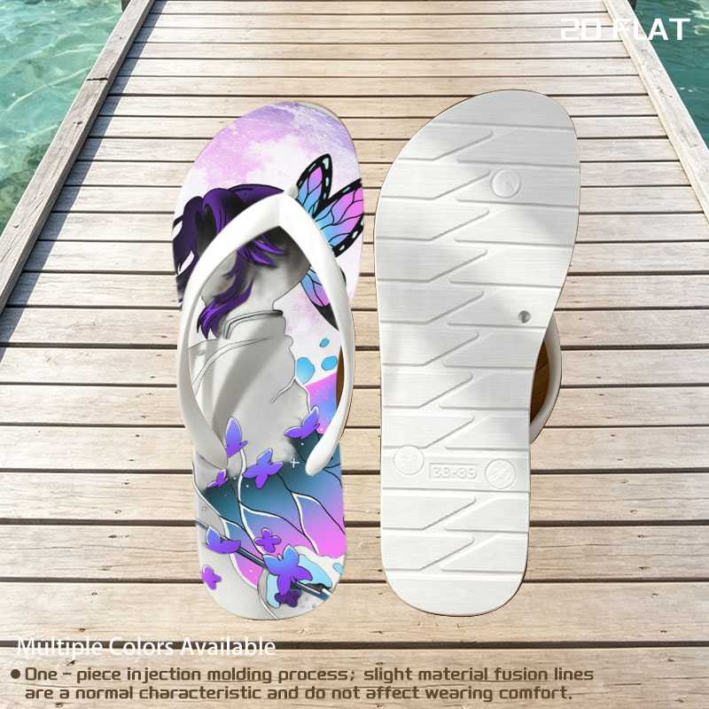 Shinobu Kocho from Demon Slayer, butterfly wings, moonlit silhouette, sword, purple butterflies -  flip-flops