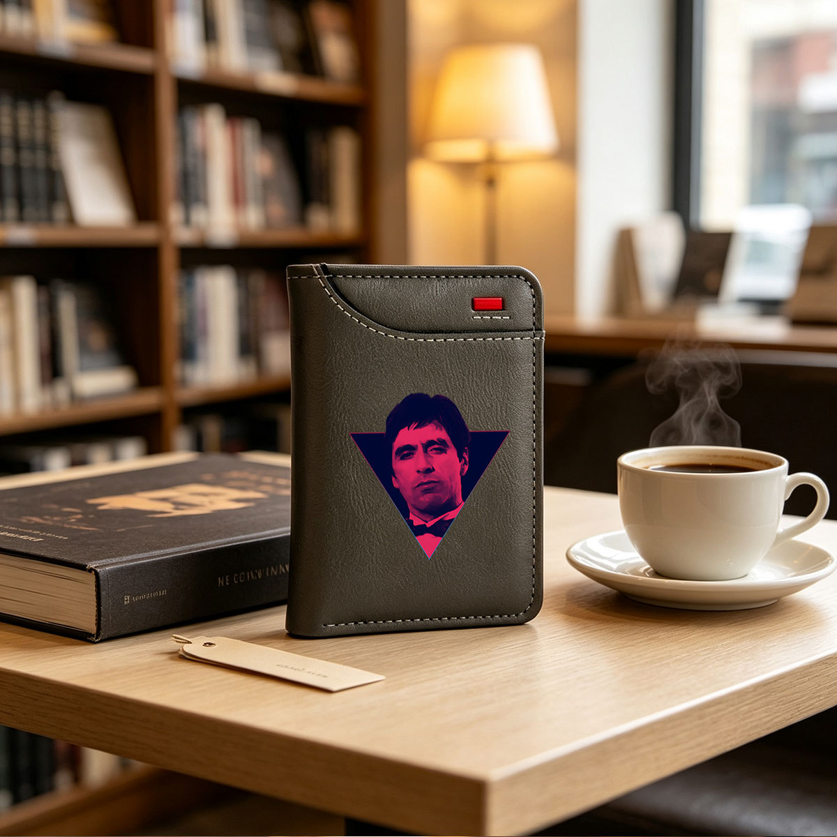 Al Pacino in a stylized portrait with vibrant pink and blue tones, framed within a triangle. - Vertical Style Wallet