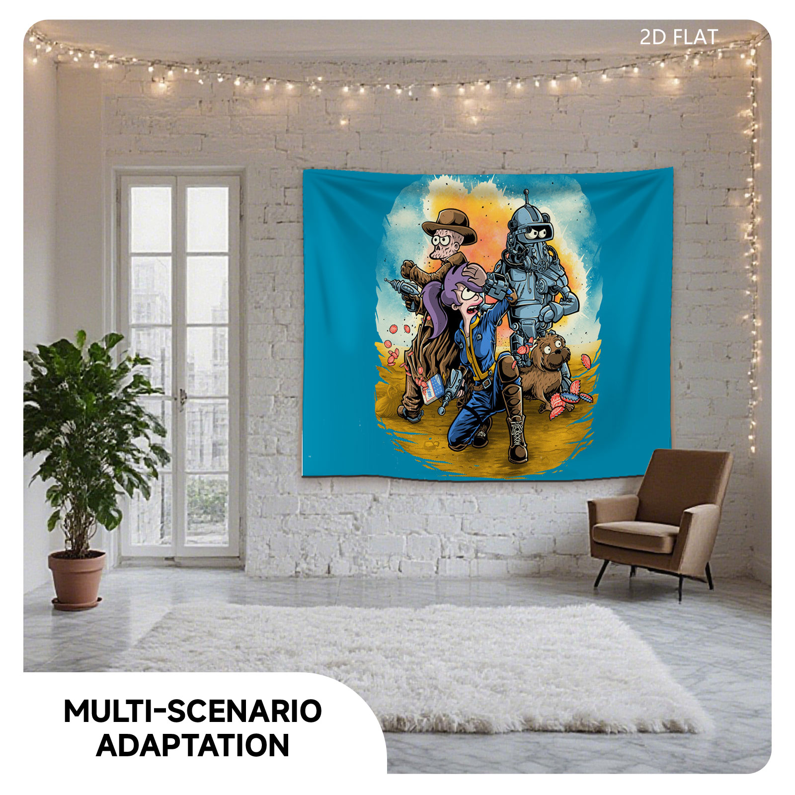 Futurama Characters: Fry, Leela, Bender, and Scruffy in a Dynamic Scene - Tapestry