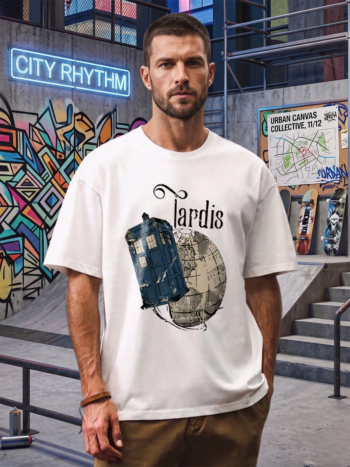 Men's Printed T-Shirt Featuring Police Box and Globe Design, Casual Round Neck Summer Lightweight Breathable Short Sleeve T-Shirt for Sci-Fi Fans and Travel Enthusiasts, Ideal for Daily Wear, Outings, and Themed Events
