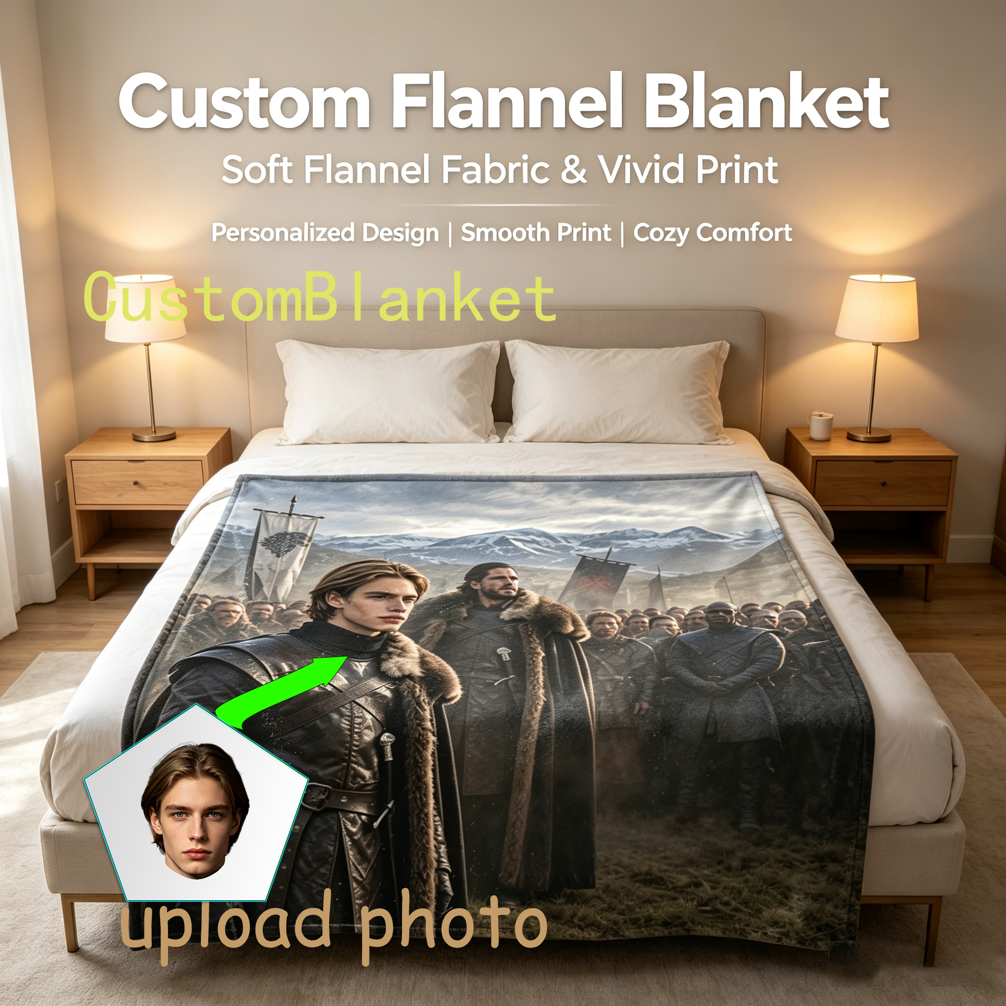 Custom Face Blanket Game of Thrones Inspired Flannel Blanket for Couch, Bed, or Travel – Perfect Gift for Fans and Collectors