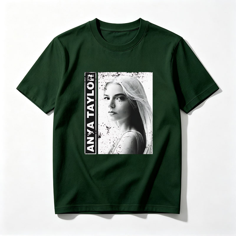 Anya Taylor-Joy in a striking black and white portrait with artistic splatter effects. - Tee