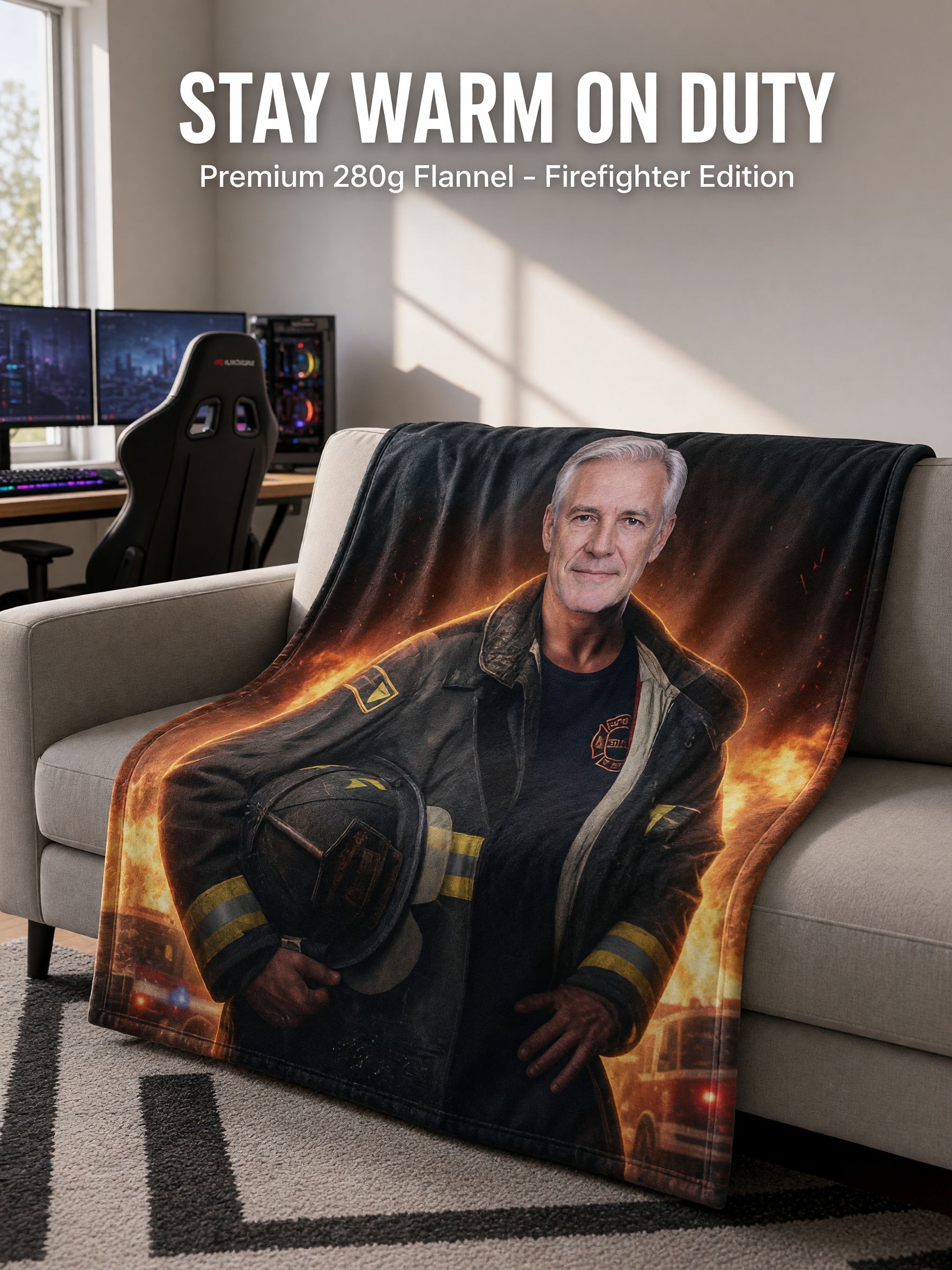 Custom Face Photo Blanket Personalized Firefighter Flannel Fleece Throw Soft Skin-Friendly Cozy Keepsake Gift