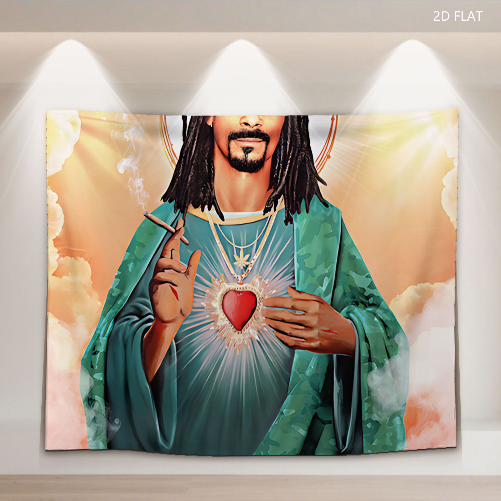 Snoop Dogg as Sacred Heart Saint, Holding Cigarette with Divine Halo and Radiant Heart - Tapestry