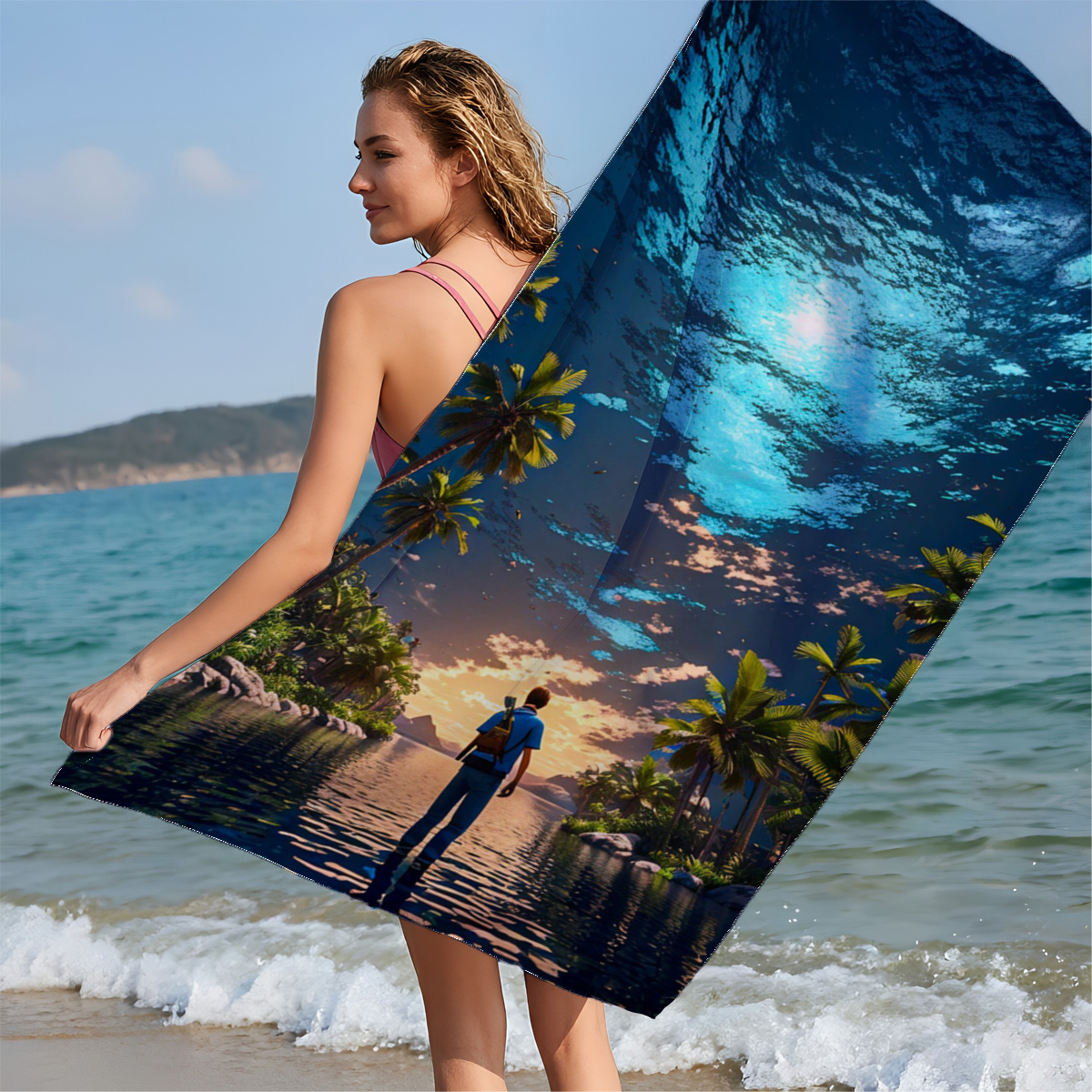 Man stands on water under surreal sky, surrounded by palm trees at twilight - Beach towels