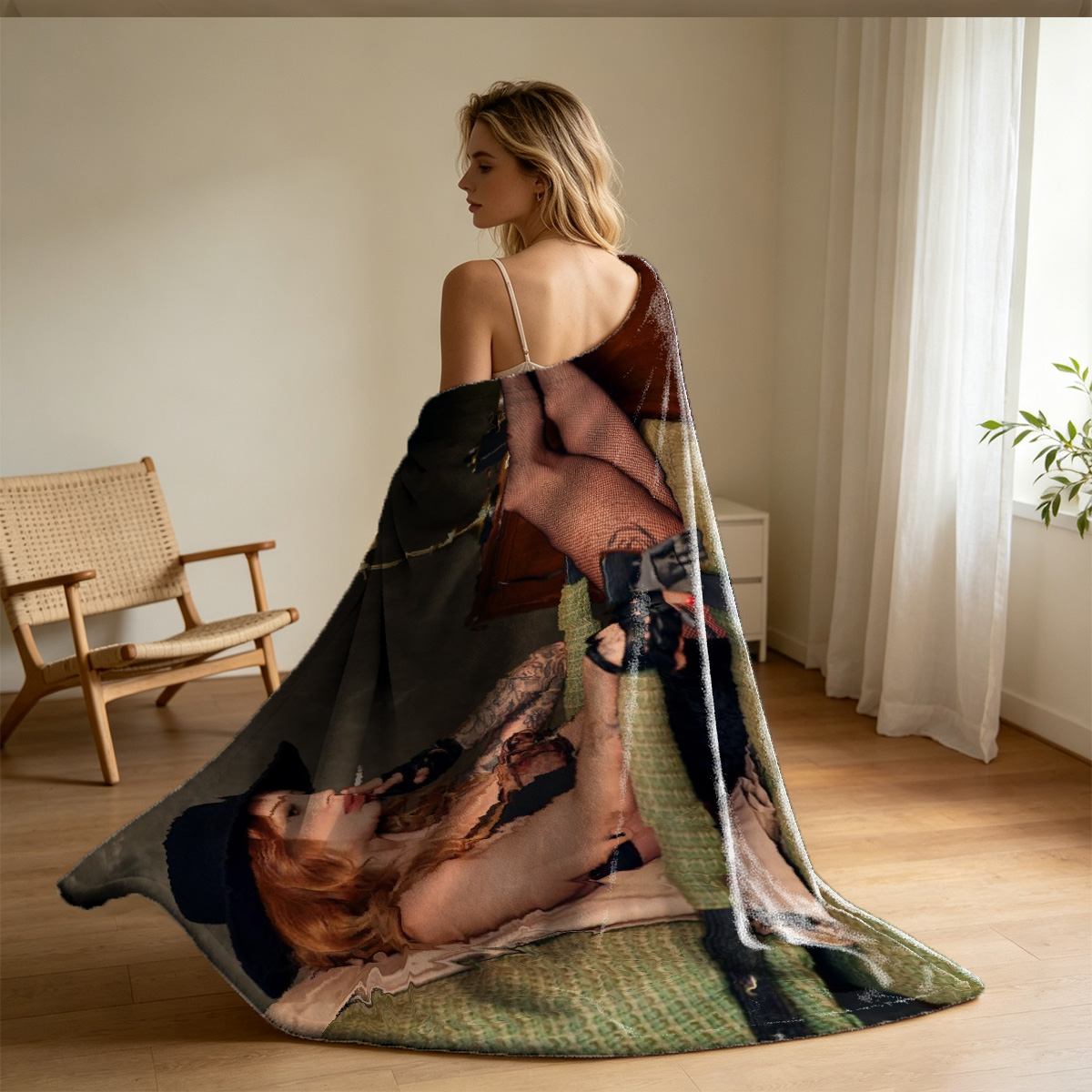 Portrait of a young woman with long light brown hair in a black camisole, indoors by a window. - Blanket