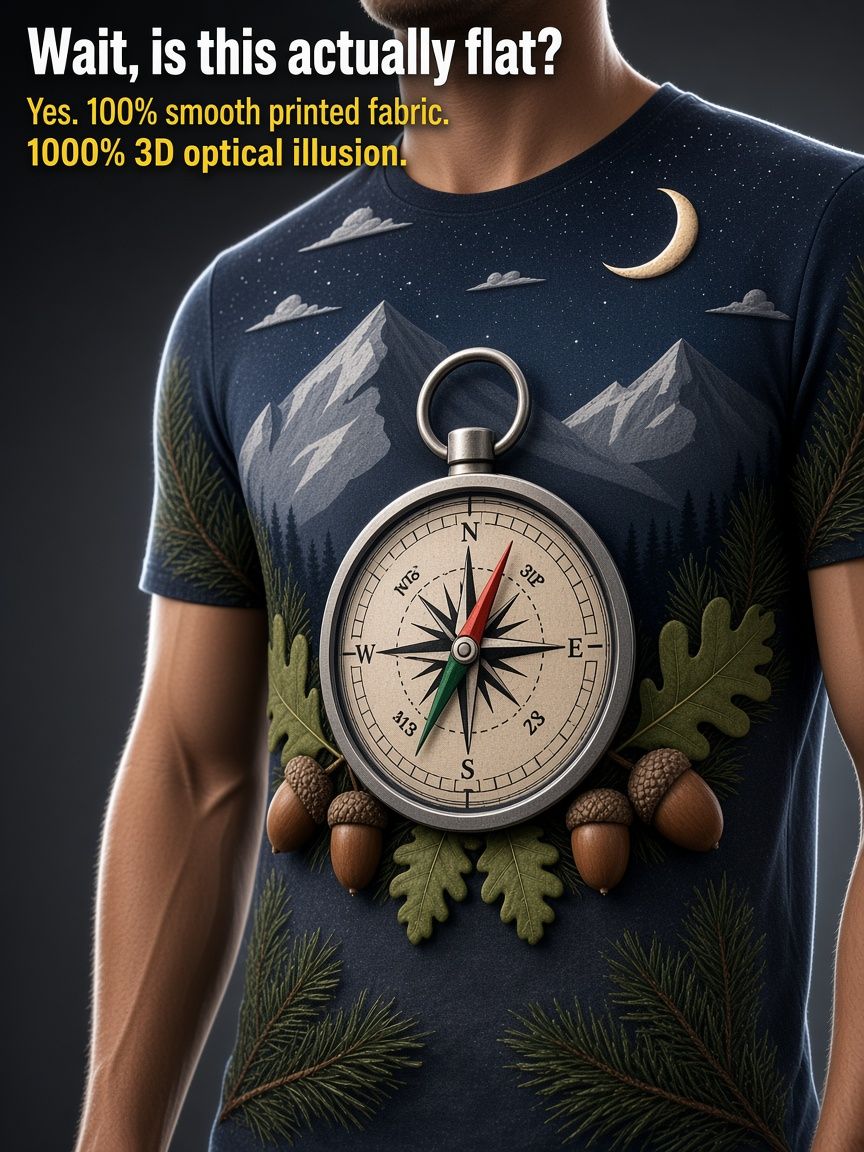 Vintage Compass 3D Optical Illusion Graphic Tee Breathable Athletic Mesh T-Shirt for Casual and Sports Wear