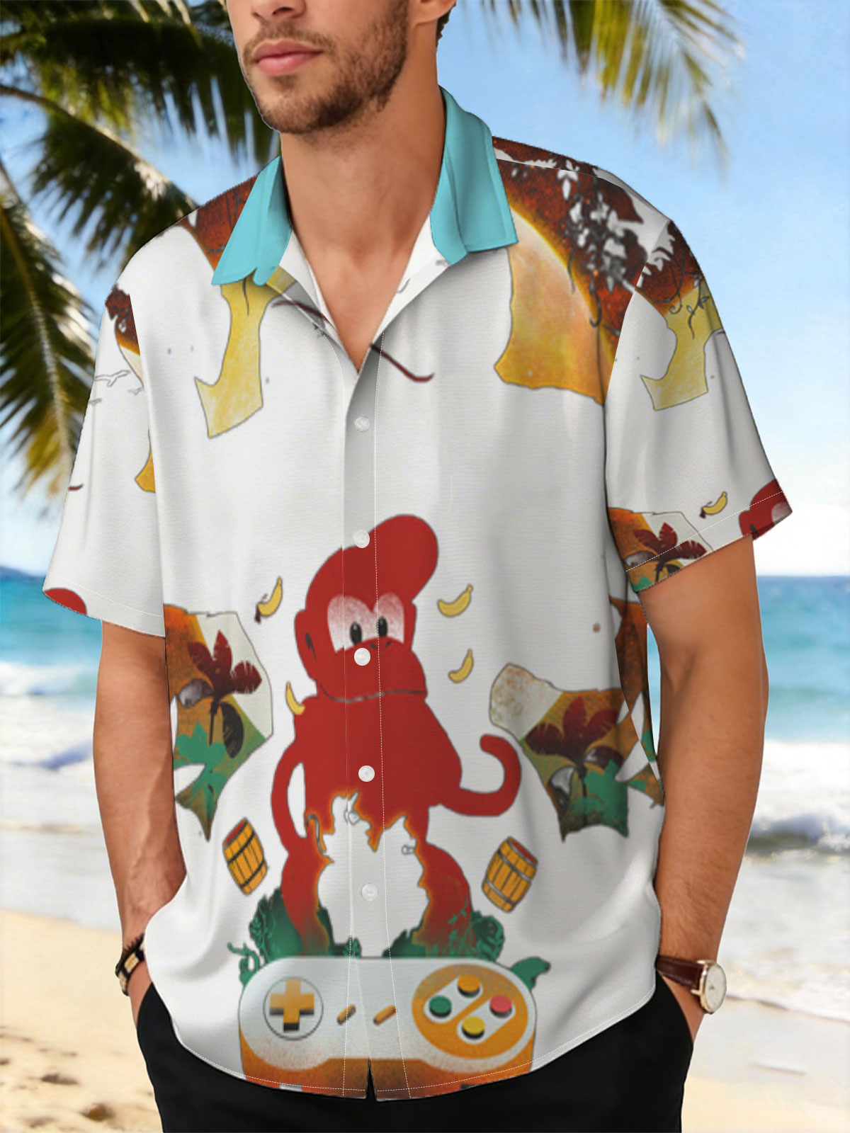 Diddy Kong and Donkey Kong in a jungle scene with a Nintendo 64 controller, featuring bananas and barrels. -  Shirt