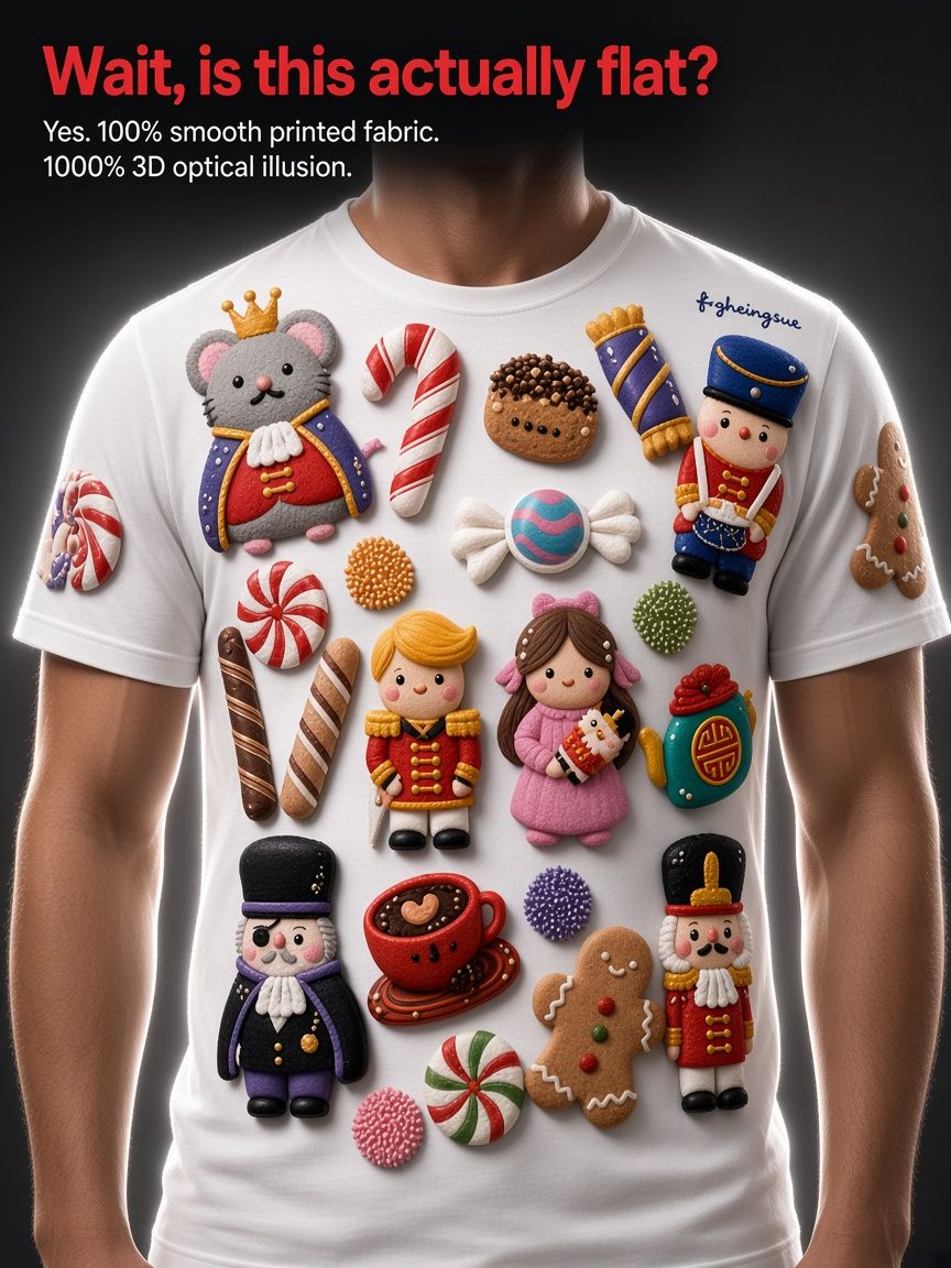 Nutcracker Treats 3D Optical Illusion Graphic Tee Breathable Athletic Mesh T-Shirt Casual and Sports Wear