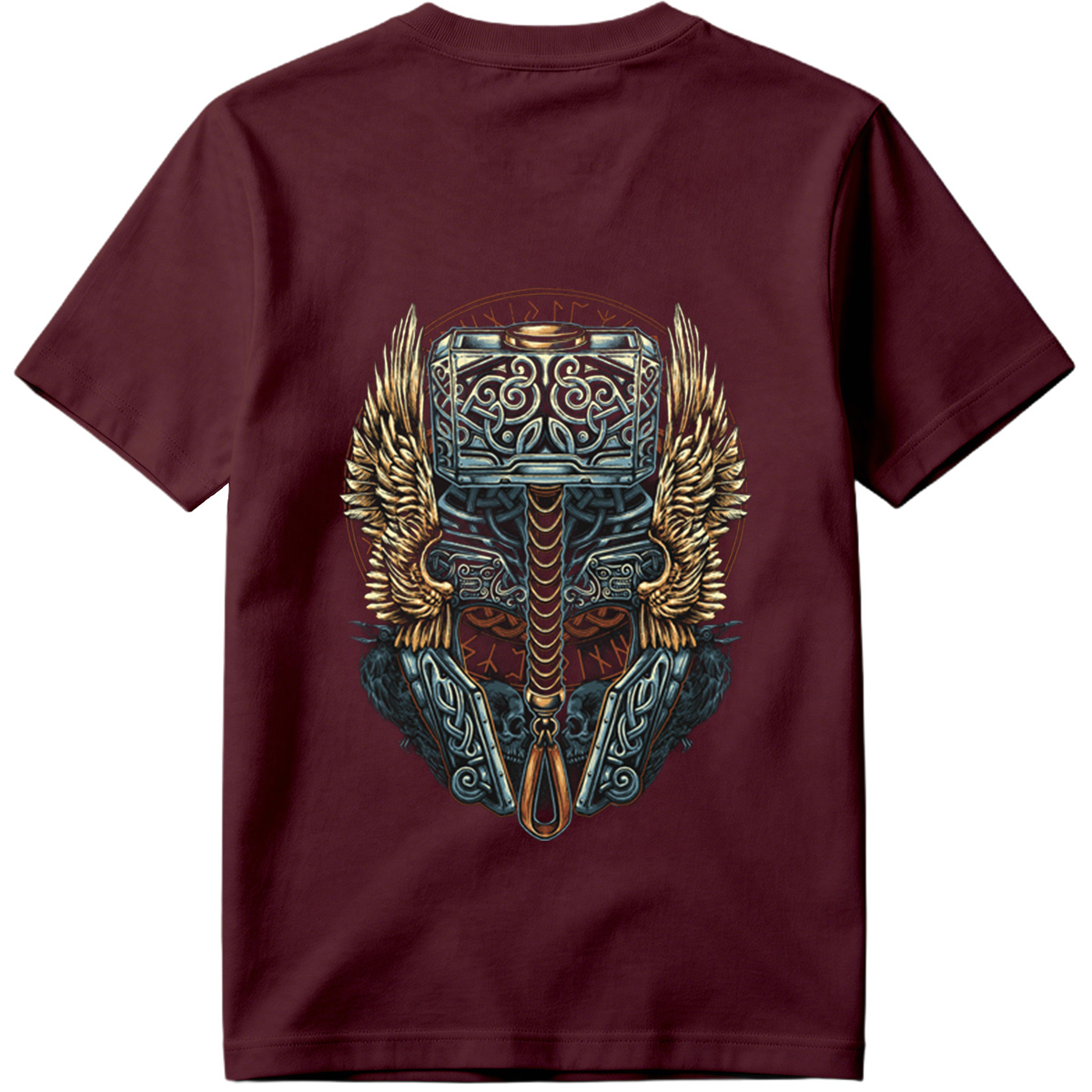 Thor's Hammer Mjolnir with Norse Symbols and Wings - Tee