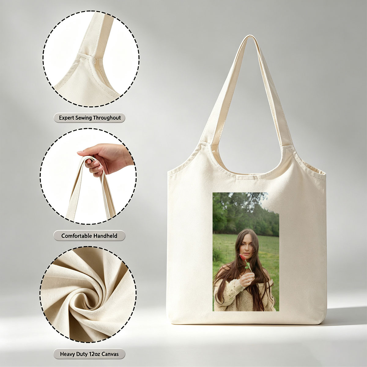 Lily-Rose Depp in a Serene Field Holding a Red Flower - Canvas shoulder bags/