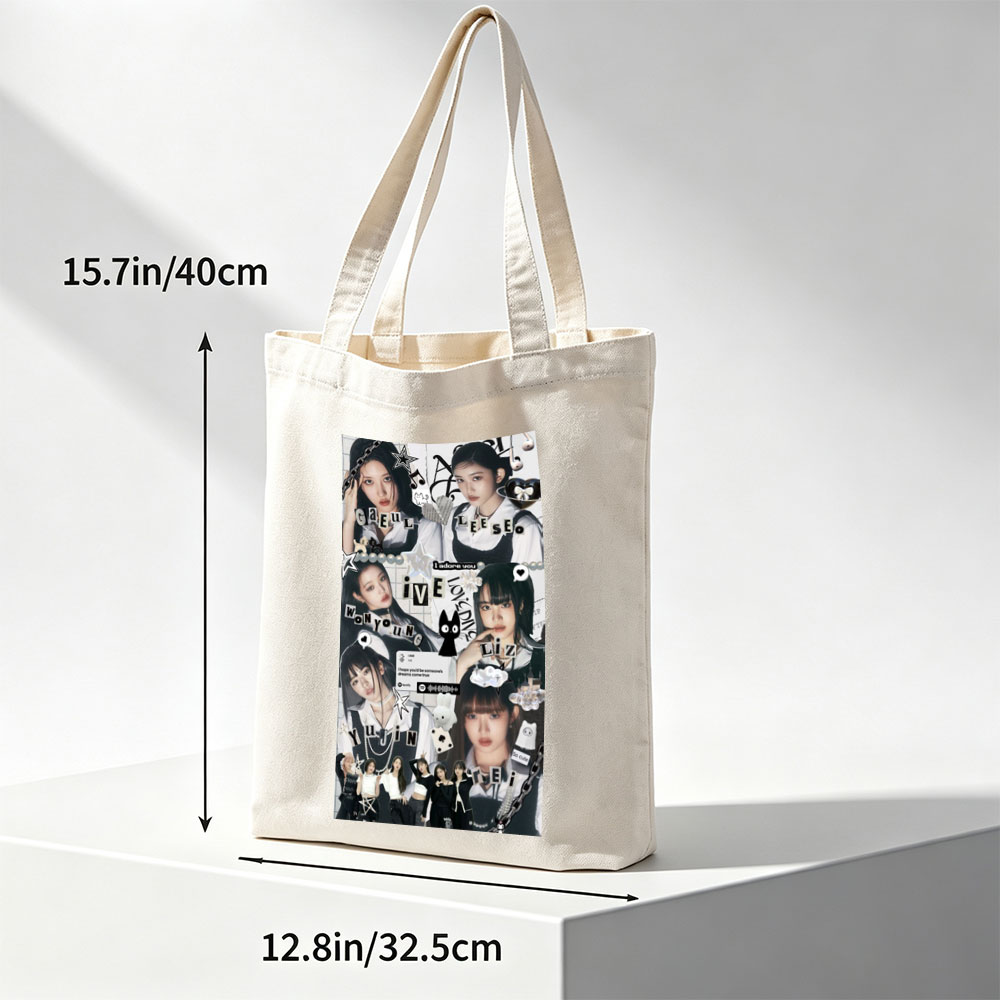 IVE Members in a Stylish Collage Featuring Fashion, Music Notes, and Cute Icons - Canvas tote bags