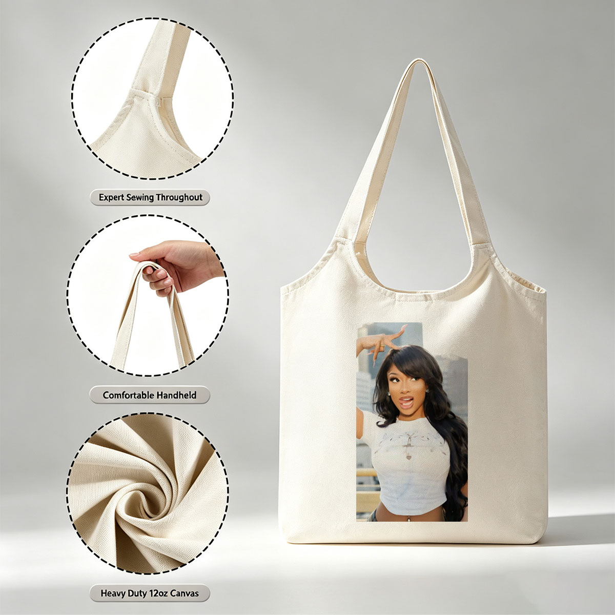 Megan Thee Stallion in a Bold Pose Wearing a White Crop Top with Cross Design and Long Black Hair Against a City Skyline Background - Canvas shoulder bags/