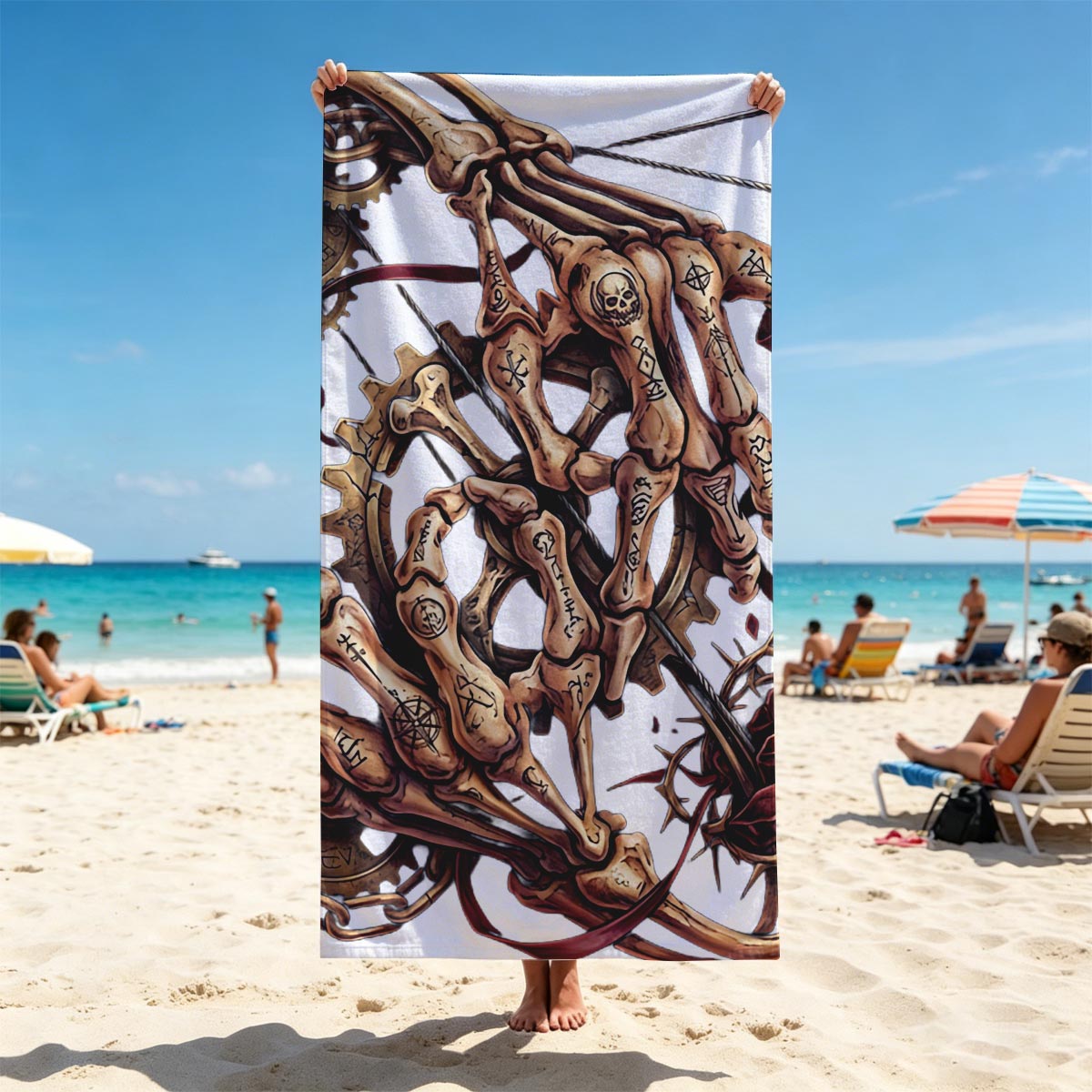 Skeleton Hands with Runes, Gears, and Thorns - Beach towels