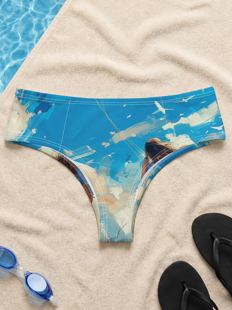 Mother and child flying a kite in a golden field under a vibrant blue sky. -  Men's swim trunks