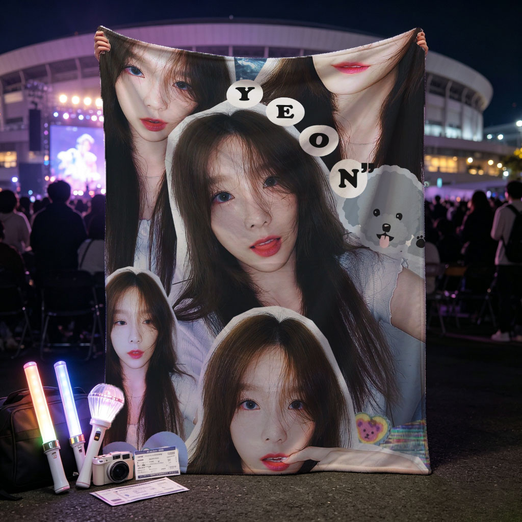 TAEYEON Collage Portrait Featuring Multiple Expressive Selfies with Playful Stickers and Text Overlay - Blankets