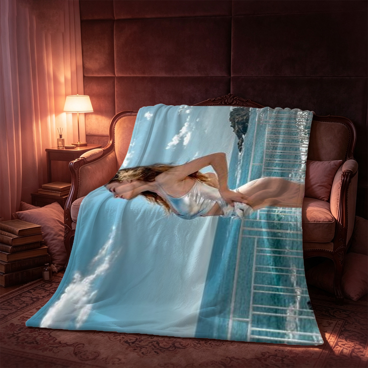 Vixen - Curvy Brunette in Blue Lace Lingerie Posing Seductively - Blanket