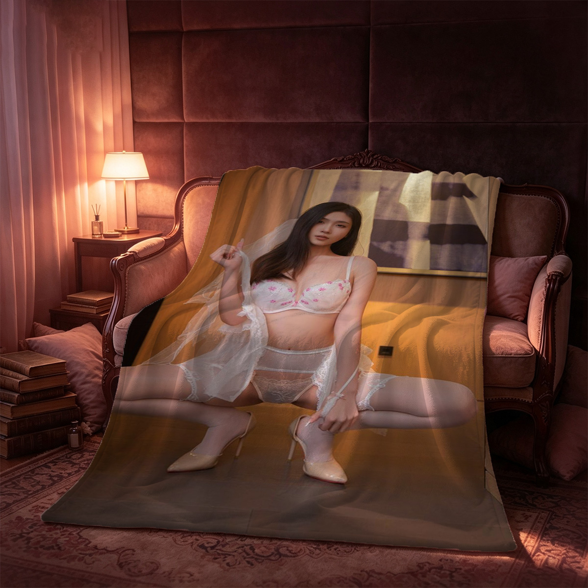 Red Light District Night - Abigail Morris in Black Top and Mini Skirt on Brick Wall - Blanket
