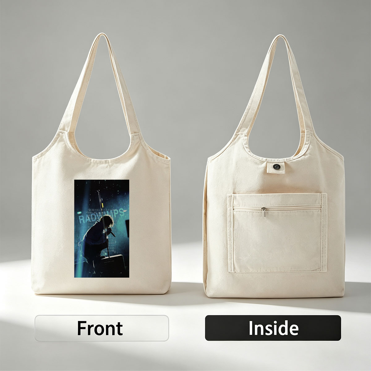 RADWIMPS Live Performance - Singer on Stage with Microphone and Dramatic Lighting - Canvas shoulder bags/