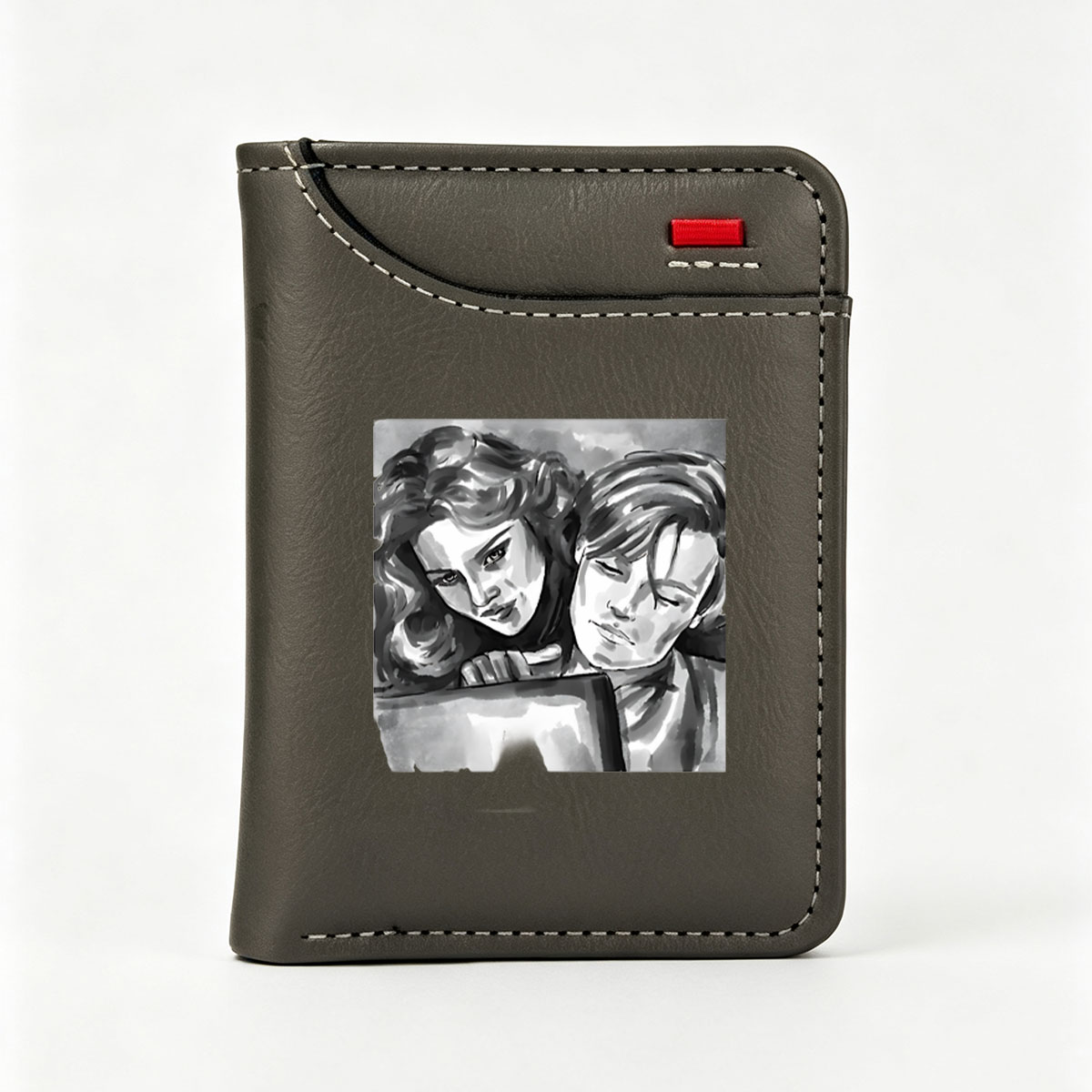 Two Characters Sharing a Moment in Black and White Art - Vertical Style Wallet
