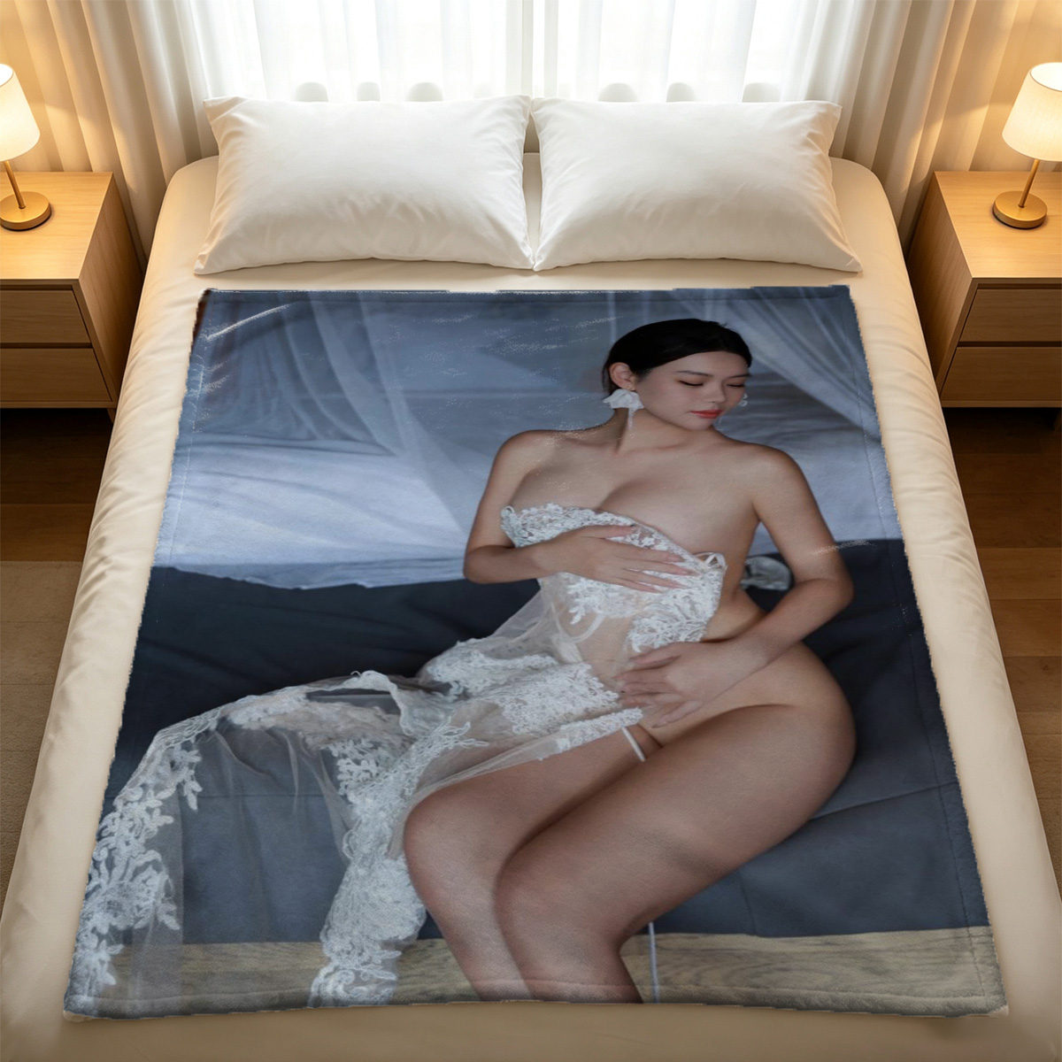 Pink Lingerie Seduction on Striped Bed - Blanket