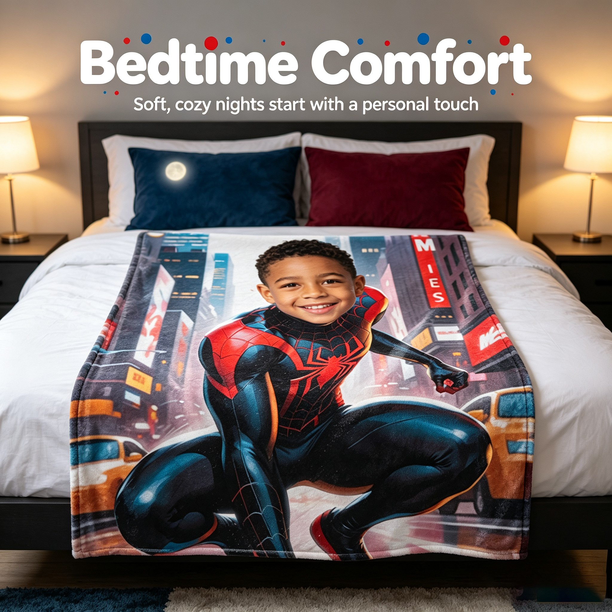 Personalized Marvel Miles Morales Fleece Blanket, Custom Upload Children Picture City Street Throw Blanket Bed Sofa Gift