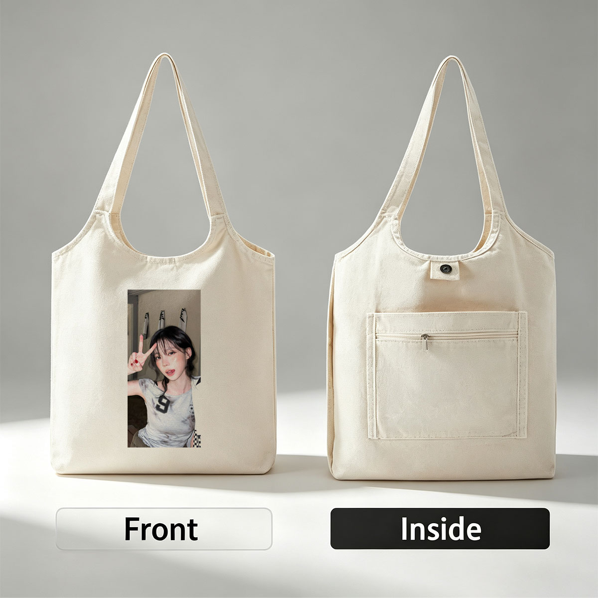 Korean Celebrity in Casual Outfit Making Peace Sign in Indoor Setting - Canvas shoulder bags/