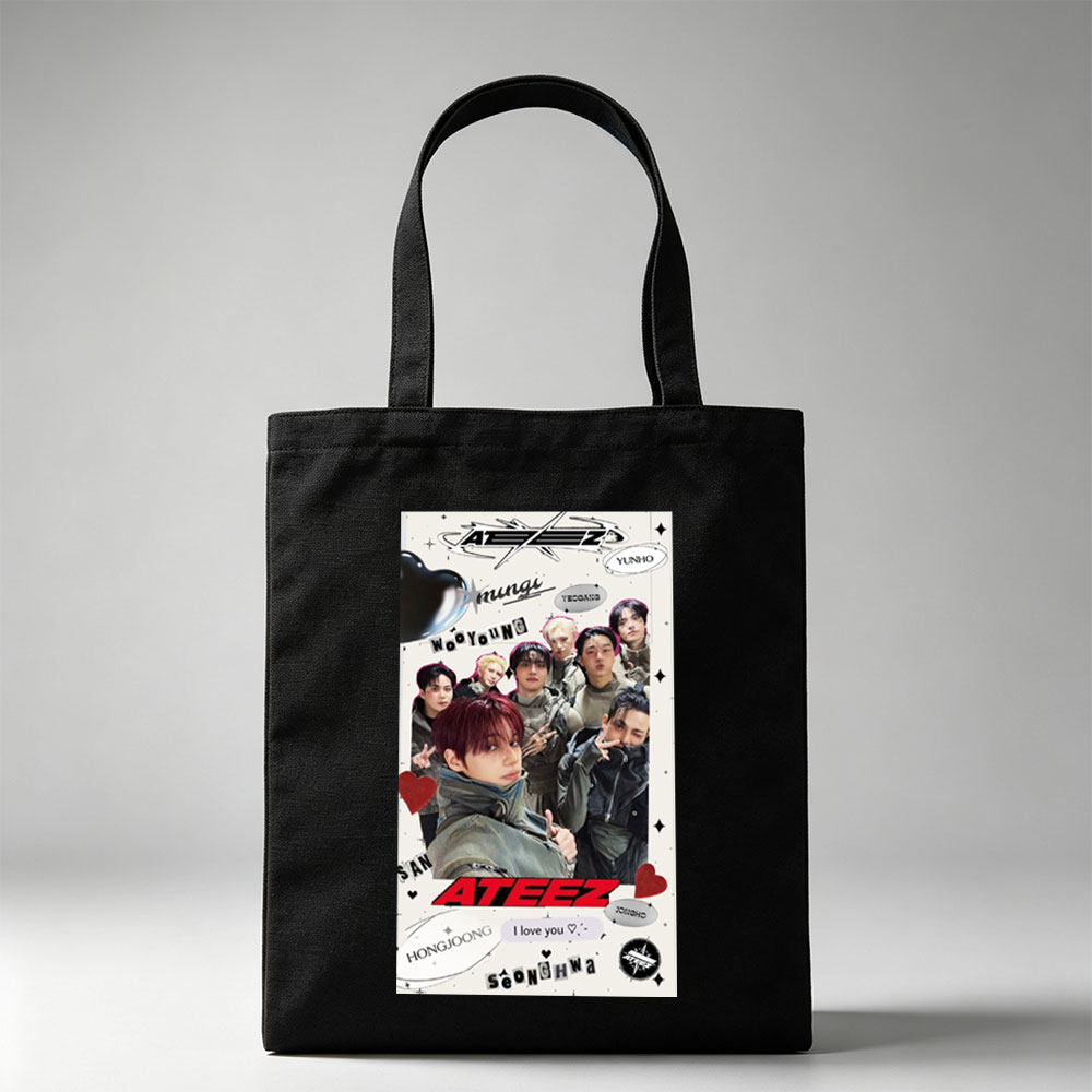 ATEEZ Group Photo Featuring Members in Stylish Outfits with Heart and Name Decorations - Canvas tote bags