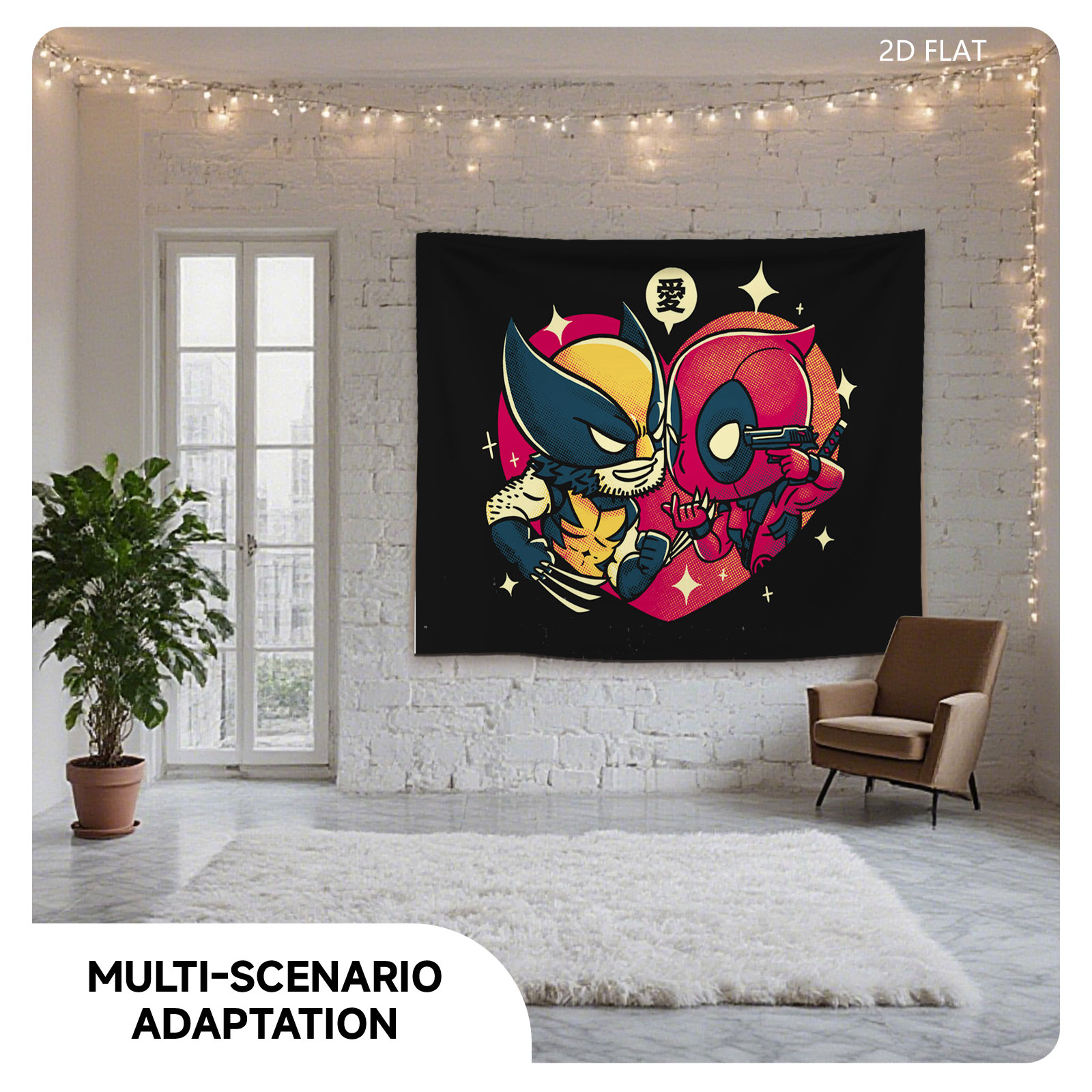 Wolverine and Deadpool in a Heart-Shaped Embrace with Love Symbol - Tapestry