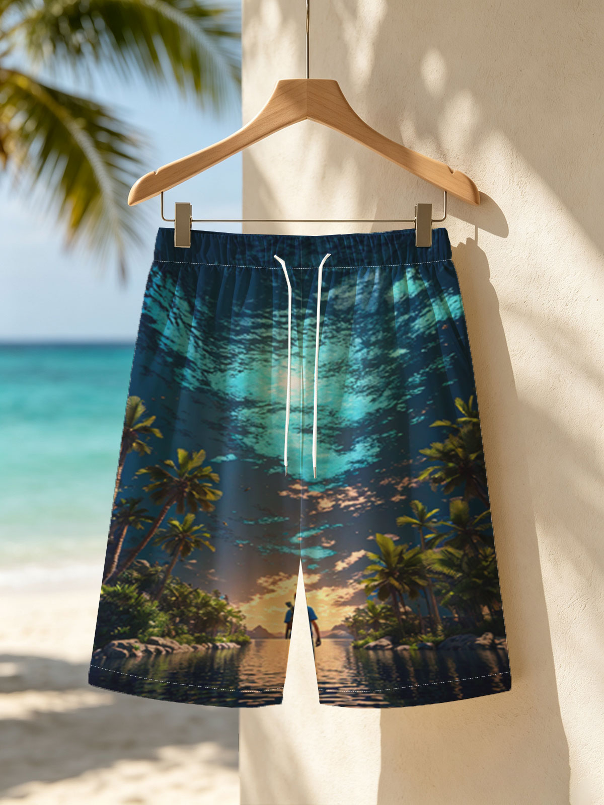 Man stands on water under surreal sky, surrounded by palm trees at twilight -  Beach shorts