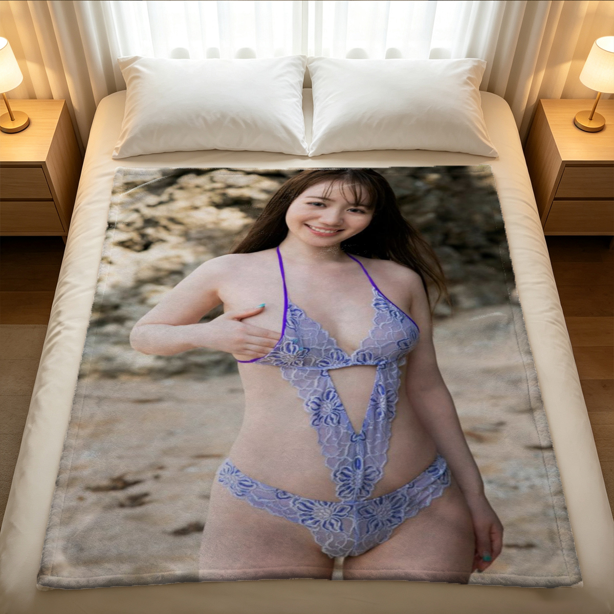 Nude beauty with long dark hair posing by bamboo blinds in bathroom - Blanket