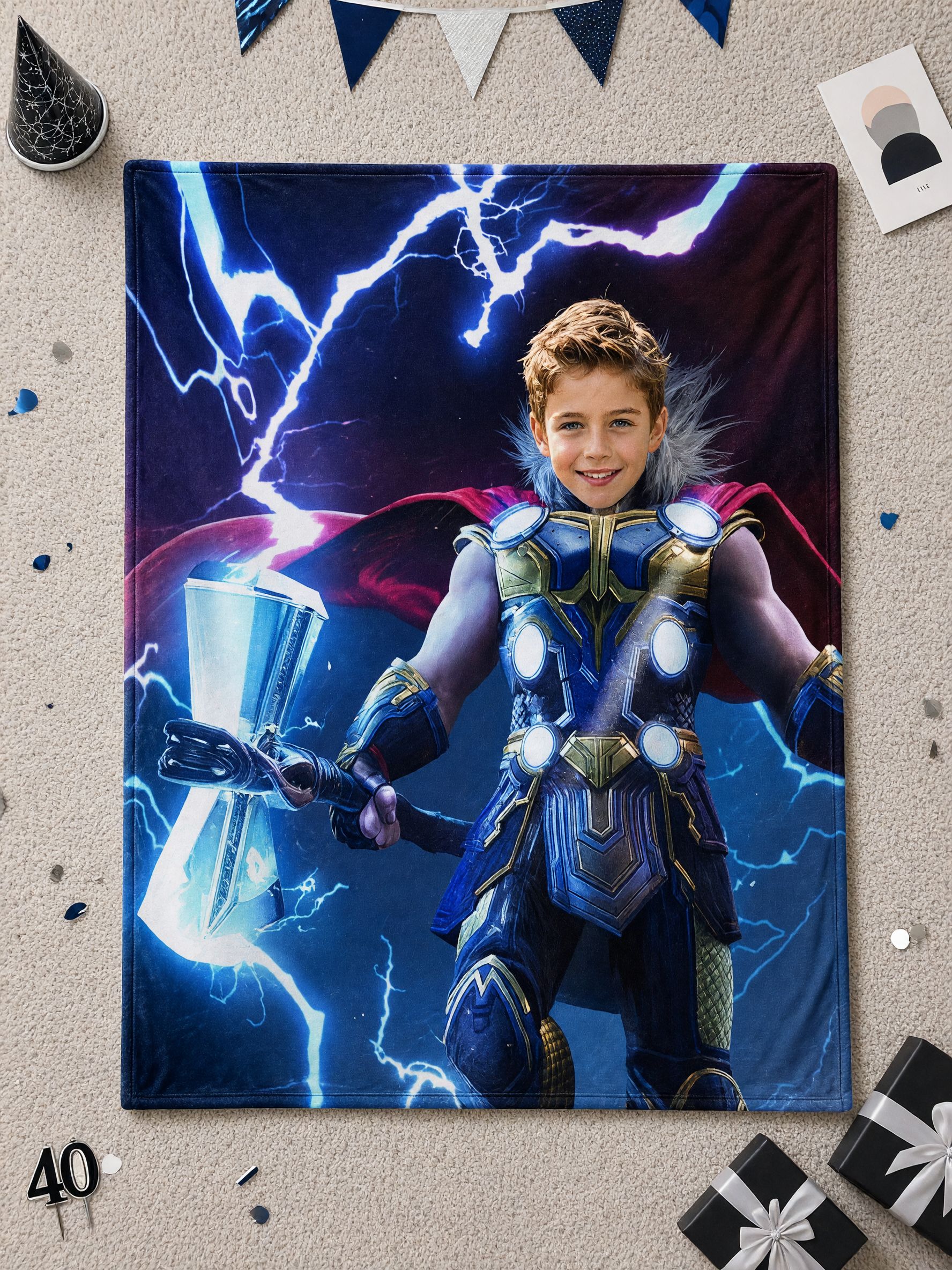 Personalized Face Superhero Flannel Blanket, Custom Photo Lightning Hero Throw for Kids and Adults, Cozy Bed Couch Gift