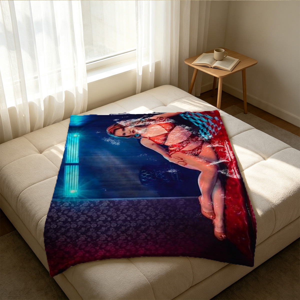 Blonde Woman in Black Lace Lingerie and Mask by Christmas Tree - Blanket