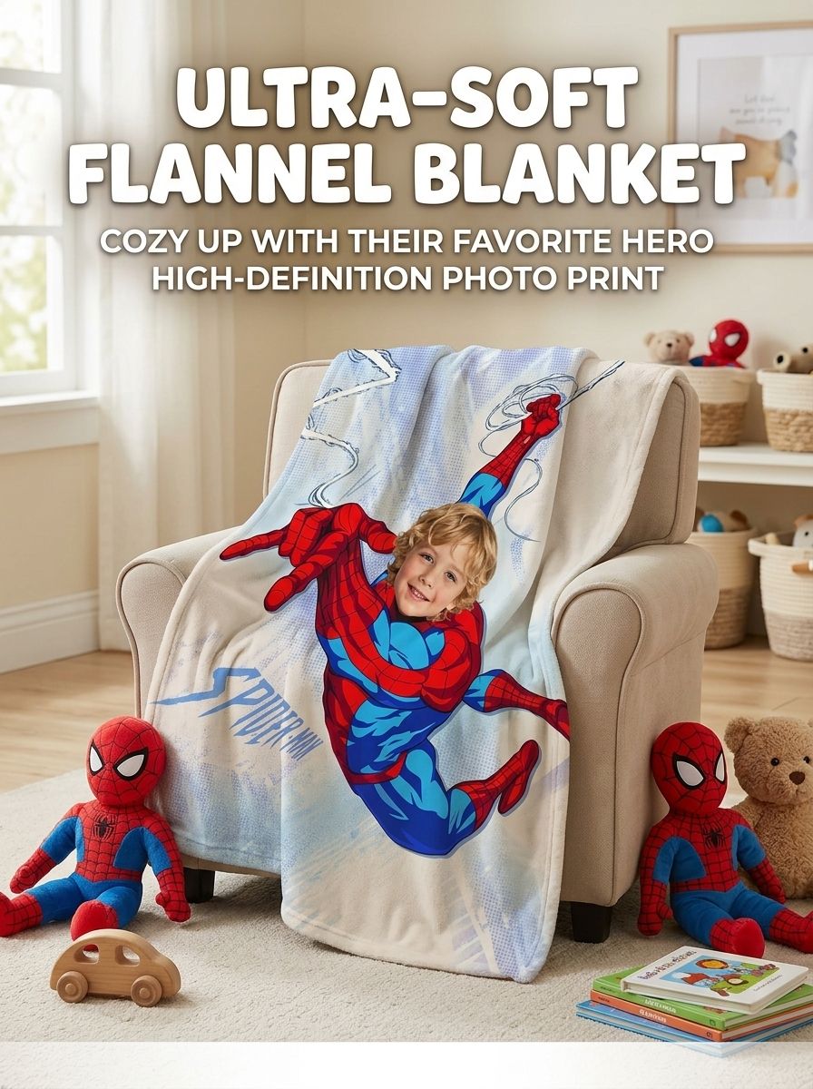 Custom Photo Superhero Flannel Throw Blanket Personalized Face Portrait Ultra Soft Cozy Bedding Gift for Kids
