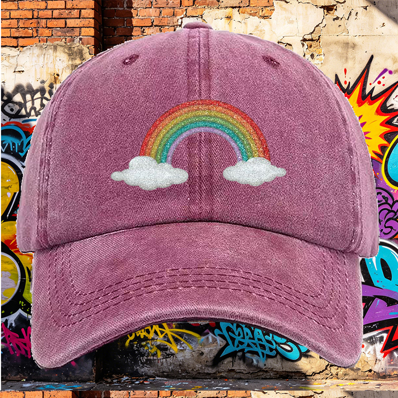 Men's Printed Washed Cap with Glitter Rainbow and Cloud Design, Casual Round Brim Summer Lightweight Hat for Outdoor Activities, Perfect for Young Adults and Trendy Streetwear Enthusiasts
