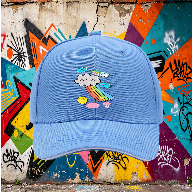 Unisex Classic Sandwich Hat with Rainbow Clouds and Sparkle Design | Perfect for Outdoor Activities, Beach, Travel, and Daily Wear | Ideal for Adults and Teens Seeking Fun, Lightweight, Fashionable Sun Protection Cap