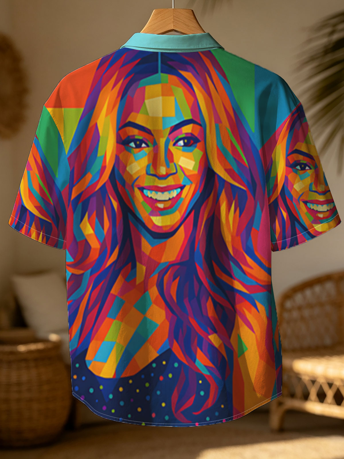 Colorful Portrait of a Smiling Woman with Vibrant Geometric Patterns -  Shirt