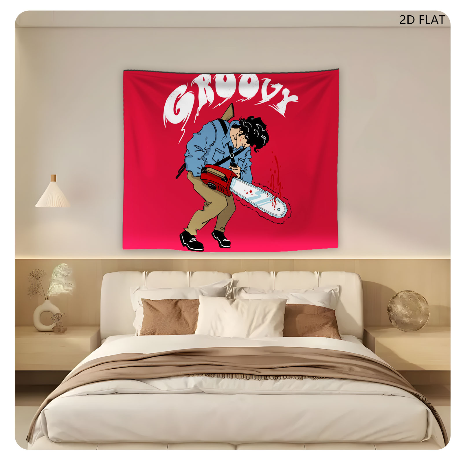 Groovy Chainsaw Man with Red Background - Tapestry