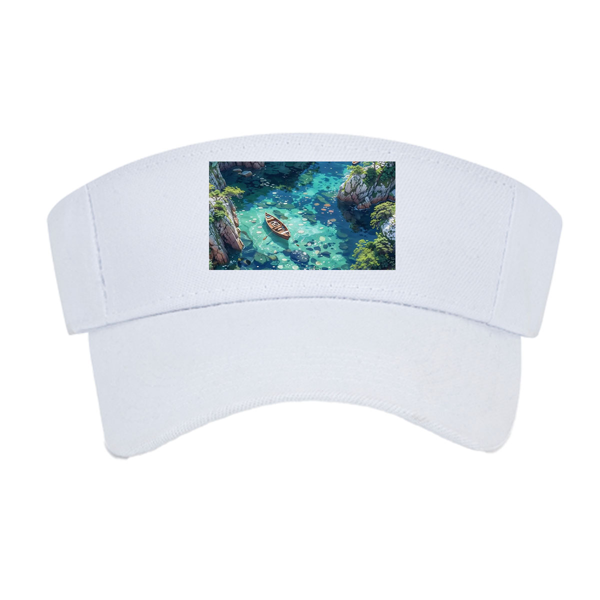 A serene boat floats on crystal-clear waters surrounded by rocky cliffs and blooming flowers. -  Visor cap