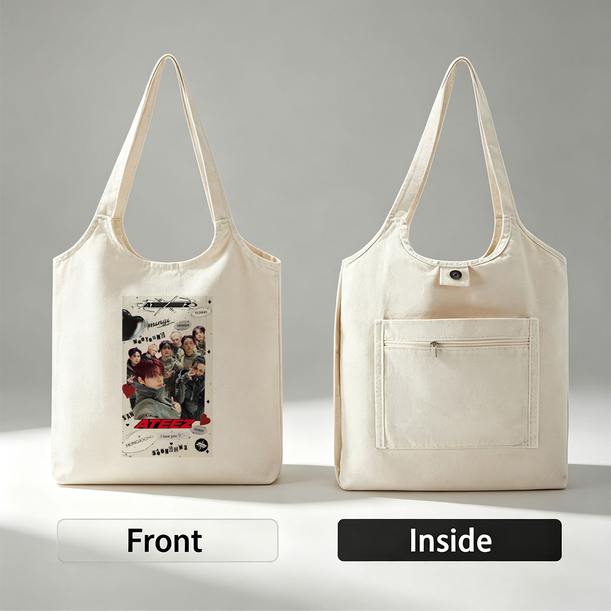 ATEEZ Group Photo Featuring Members in Stylish Outfits with Heart and Name Decorations - Canvas shoulder bags/
