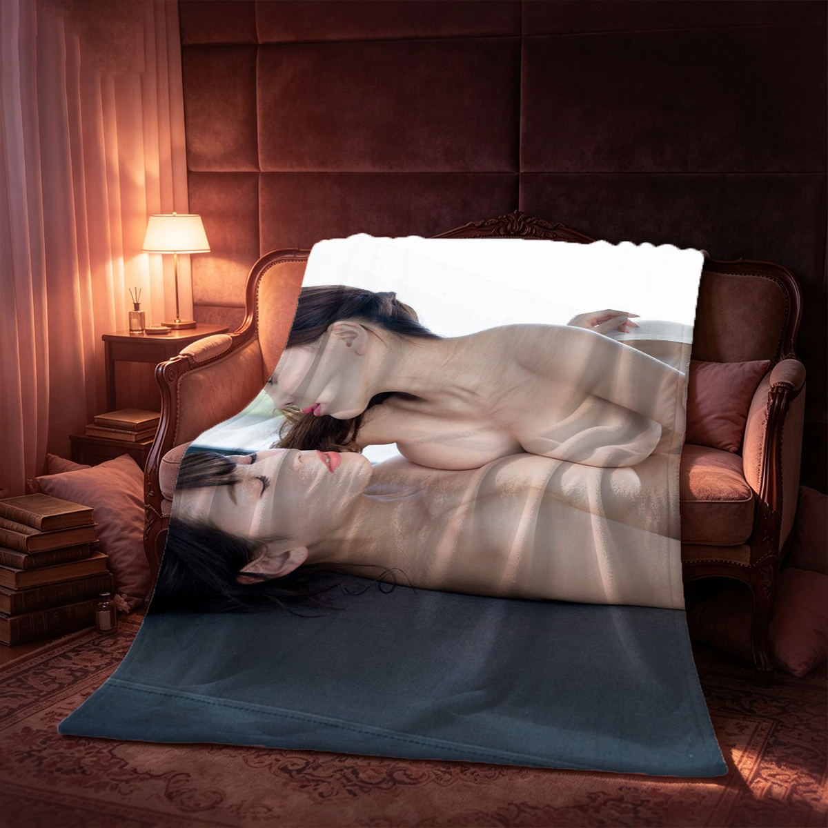 Red Lingerie Seduction on Ottoman - Blanket