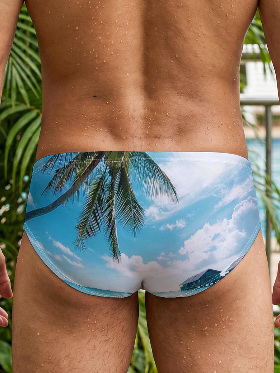 Tropical paradise with palm trees and overwater bungalows in crystal clear blue waters. -  Men's swim trunks